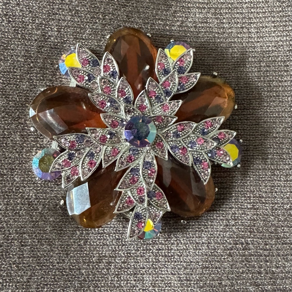 Vintage Amber Rhinestone AB Starburst Layered Floral Brooch